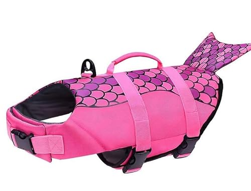 Dog Life Jacket Mermaid, Dog Swim Life Vest Adjustable Pet Float Vest, Reflective Puppy Floatation Jacket Swimsuit with Rescue Handle for Small Medium Large Dogs Swimming Boating (Pink, S)