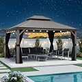 PURPLE LEAF 12' X 14' Permanent Hardtop Gazebo Galvanized Steel Double Roof Pavilion with Aluminum Frames Heavy Duty Patio Gazebo for Pool Patio Deck Garden,Netting and Curtains Included, Light Grey