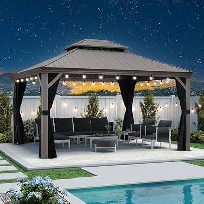 PURPLE LEAF 12' X 14' Permanent Hardtop Gazebo Galvanized Steel Double Roof Pavilion with Aluminum Frames Heavy Duty Patio Gazebo for Pool Patio Deck Garden,Netting and Curtains Included, Light Grey