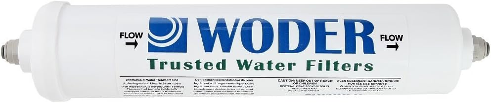 Woder WD-10K-JG Ultra-High Capacity Inline Water Filter with ¼” Built-in JG Fittings (for unbraided ¼” PVC, or 1/8” PEX). WQA Certified Refrigerator Water Filter 10K Gallons. USA Made.