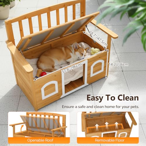 Image of VINGLI Outdoor Storage Bench with Built-in Dog House, 2-in-1 Outdoor Waterproof Patio Bench with Pet Kennel for Patio Backyard Porch (Natural)