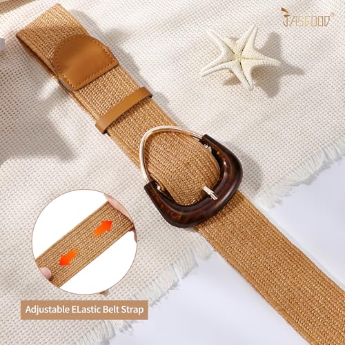 JASGOOD Straw Woven Elastic Waist Belt for Dresses Women Wide Boho Stretch Rattan Belt with Triangle Buckle 5