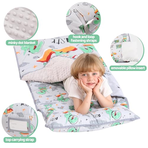 Image of Viviland Toddler Kid Nap Mat for Preschool, Grey Dinosaur Slumber Bag, Daycare Bag with Pillow and Blanket, Kindergarten Mat