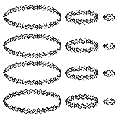 luoshaPUCY Choker Halskette Sets (3 Sets, 12 Stücke) Kropfband, Armband, Ringe Stretch Tattoo Halskette Elastische Hohlgewebe Schmuckset Halsband für Mädchen Frauen Kinder