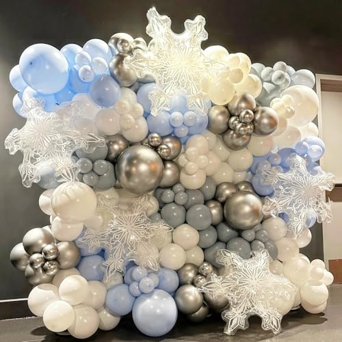 Image of Baby Blue White Winter Wonderland Balloons, 60PCS Dusty Blue and White Metallic Silver Snowflakes Balloons for Ice Snow Wonderland Wedding Birthday Baby Shower Christmas New Year's Party Decorations
