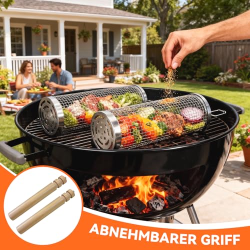 Valyrane Edelstahl Grillkorb Set mit Holzgriff – 2-tlg. Grillkorb Gemüse zum Drehen & Falten, 31x10cm + 30x9cm, für Gemüse, Fleisch, Fisch auf Grill & Lagerfeuer