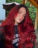 Lady Miranda Ombre Red Wigs Lace Parting Dark Roots Red Wig Long Curly Synthetic Hair Ombre Red Wigs...