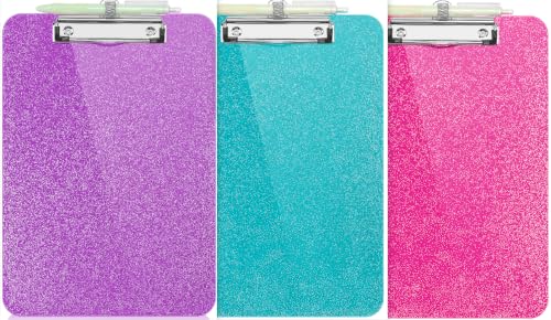 Wachenze Sparkly Clipboard with Pen Holder Clear Plastic Glitter Clip Board Hanging Shiny Clipboards with Low Profile Metal Clip Letter A4 Size for Women Office (Dark Purple & Clear Green & Rose Red)