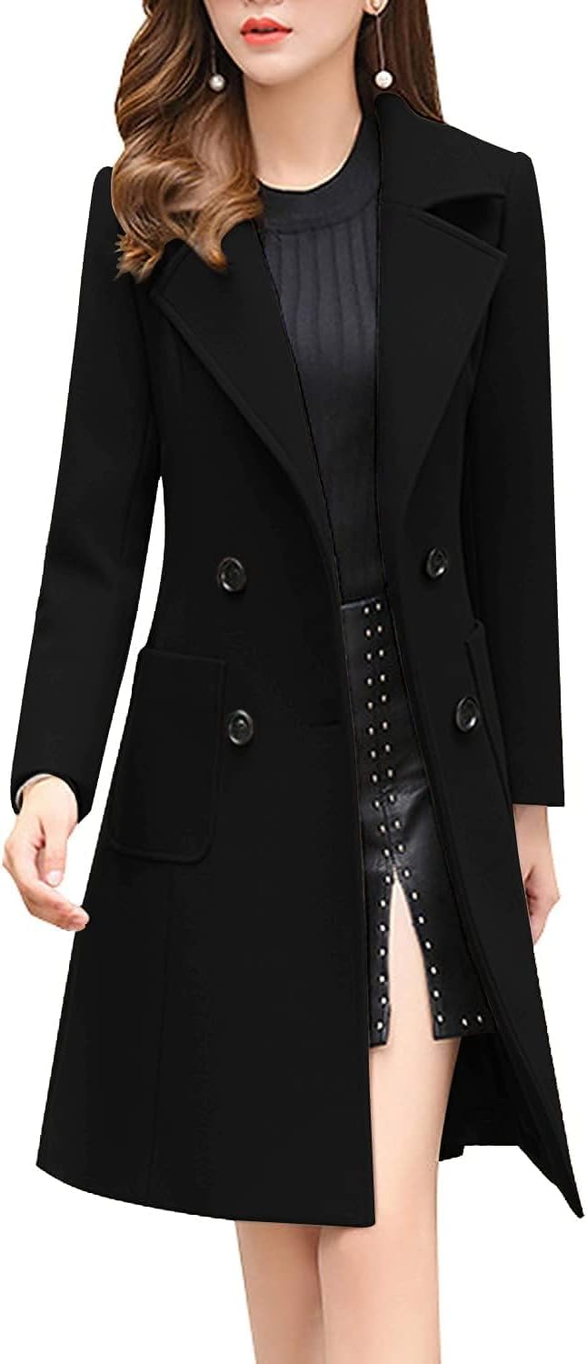 ebossy Womens Elegant Wool Blend Pea Coat Notched Lapel Double Breasted Winter Warm Mid Long Overcoat