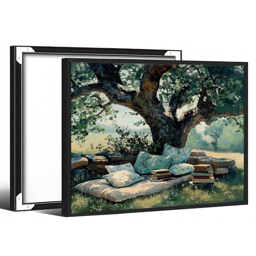 Spring Canvas Poster Oak Tree Stone Bench Pillows Books Rustic