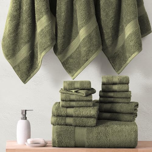 Image of LANE LINEN 100% Cotton Bath Towel Set of 18 - Softer, High Absorbency & Durable - 4 Bath, 8 Wash Cloth, 6 Hand Towels for Bathroom - Premium Look, Spa Quality, Solid Dyed Towels - Oil Green