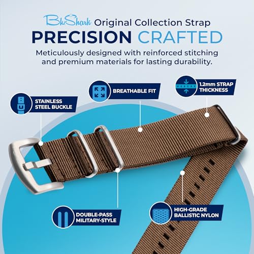 Image of BluShark - Original Collection Military-Style Waterproof Watch Strap, Fits All Timepiece Brands, Durable Nylon Wristwatch Accessories with Stainless Steel Buckle - 18mm, 20mm, 22mm & 24mm Watch Bands