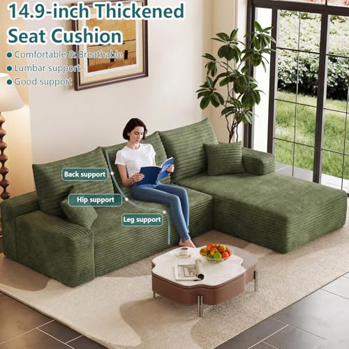 Image of 95 inch Modular Sectional Couch, Boneless L Shaped Cloud Sofa with Chaise Lounge, Corduroy Upholstered Couches Memory Foam Deep Seat, No Assembly Required, Ideal for Living Room(Green, Right Facing)