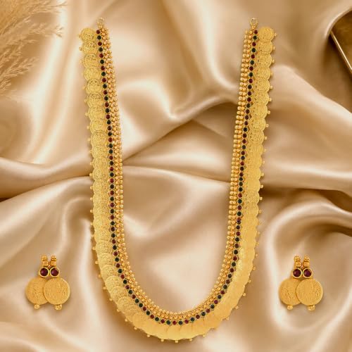 Image of ZENEME Jewellery Set Gold Plated Long Traditional Maharani Beads Studded Temple Coin Necklace Set with Earrings Jewellery For Women & Girls