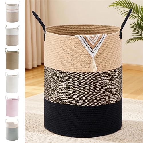 Image of 100L Extra Large Tall Cotton Rope Laundry Basket with Handle, Brown & Black
