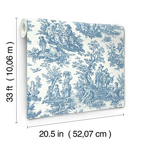 Waverly Rmk11868Wp Country Life Toile Peel And Stick Wallpaper (20.5 In X 16.5 Ft) – Easy Application, No Sticky Residue – Blue And White, Roll #TOP6