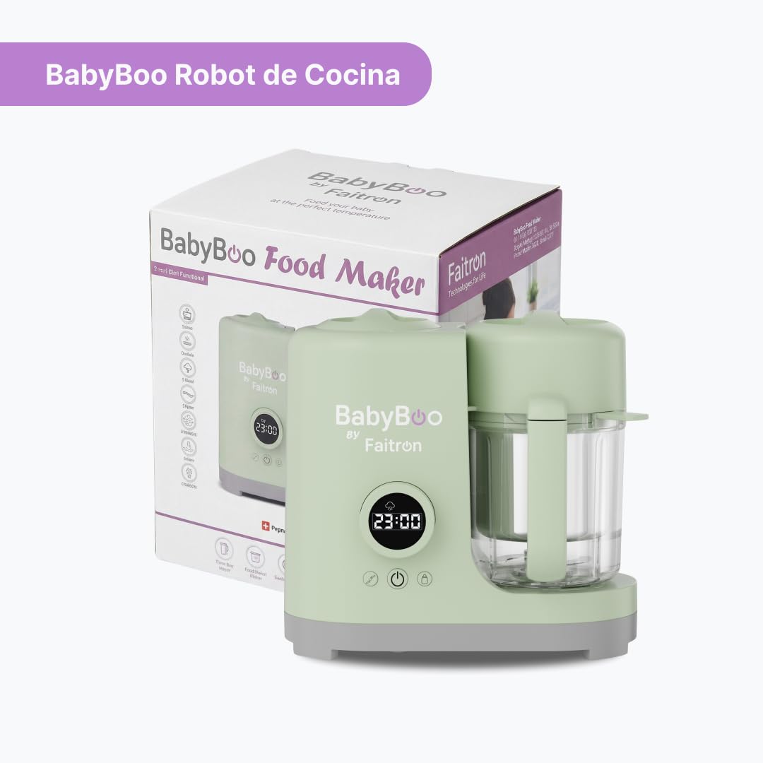 BabyBoo Robot de Cocina para Bebés 7 en 1 - Cocina al Vapor y Tritura en 20 Minutos, Potente 300W, Calientabiberones y Esterilizador, Vaso de Tritan, Cesta de Acero Inoxidable, Pantalla Digital