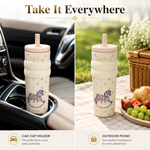 Image of Vasukie Stainless Steel Travel Tumbler with Straw and Lid, Vintage Rocking Horse Thermal Coffee Cup, Leakproof Water Bottle for School, Office, Car, Cottagecore Gift for Girls & Women (700ML)