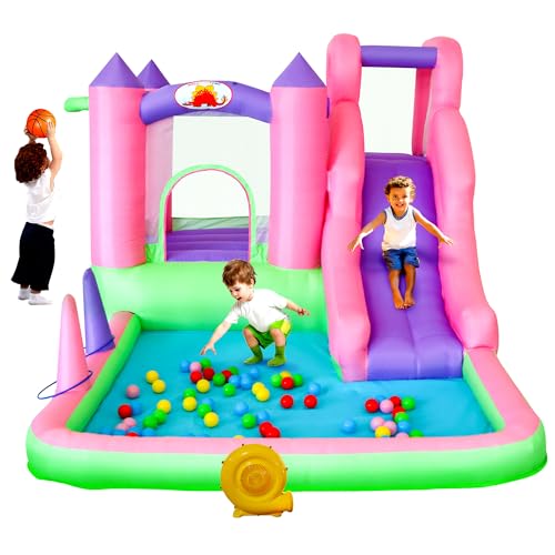 WELLFUNTIME Inflatable Bounce House with Blower, 7 in 1 Jumping Castle with Slide, Ball Pit, Basketball Hoop, Ringtoss, Bouncer for Young Kids Aged 3-6, 116x 78x64 Inch