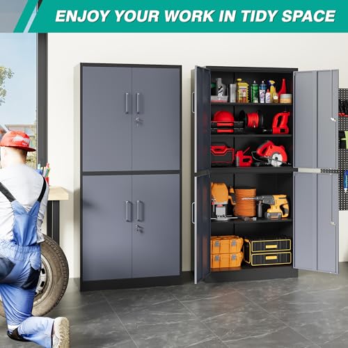 Image of SISESOL Metal Storage Cabinets with Doors and Shelves,71 inch Metal Garage Storage Cabinet with Lock,Gray Steel Cabinet with Locking Doors,4 Door Lockable Storage Cabinets for Garage,Home,Office