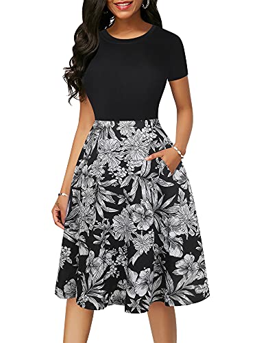 Image of oxiuly Women Casual Dress Round Neck Soft Cotton Floral A-Line Midi Summer Dresses with Pockets OX262