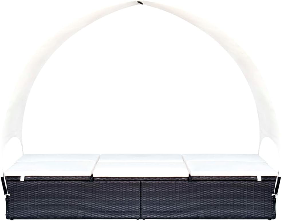 vidaXL Double Sun Lounger, Patio Rattan Daybed with Canopy, Wicker Sun Lounger with Cushions for Garden Backyard Porch, Poly Rattan Black