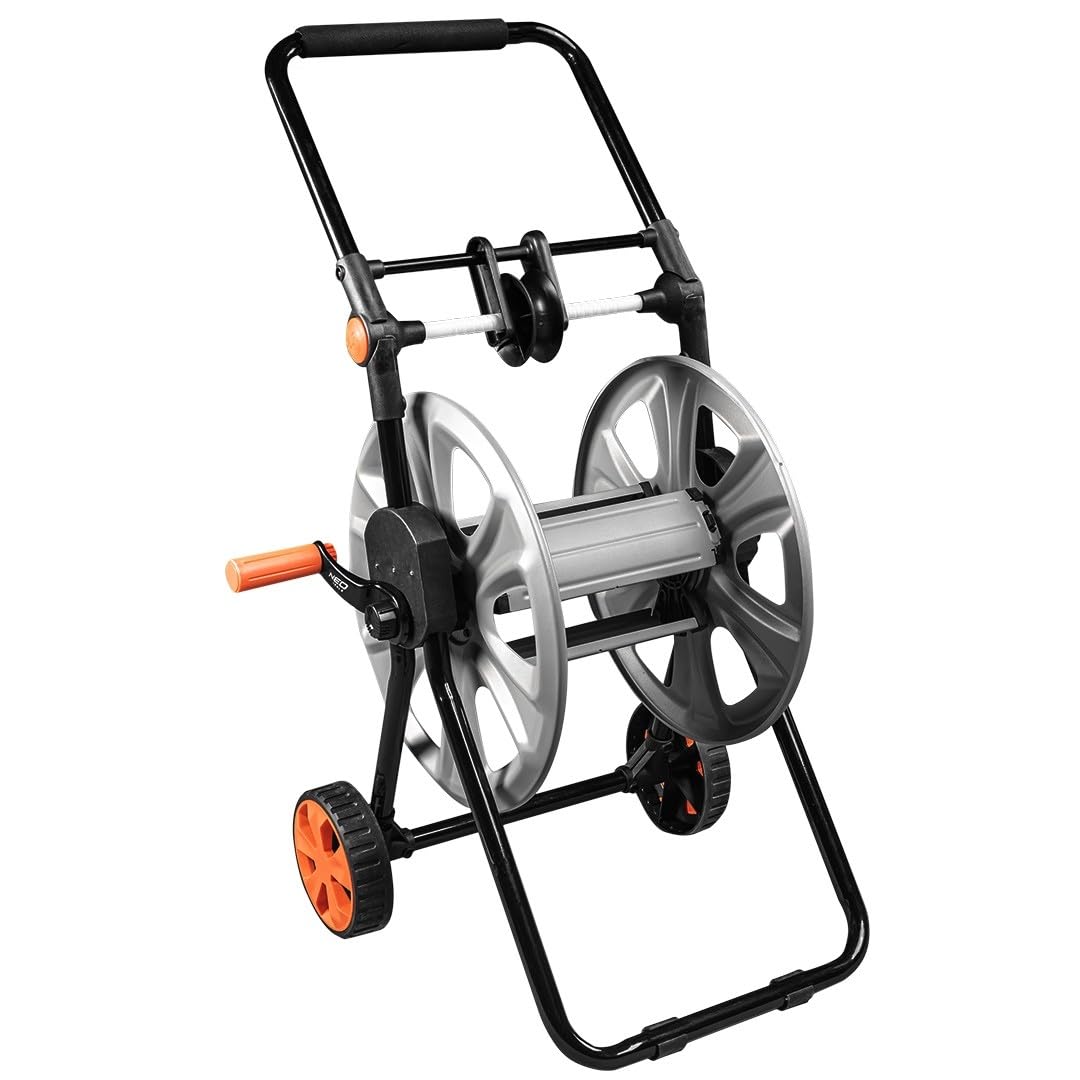 NEO TOOLS Wózek ogrodowy z wężem do 60 m, wąż ogrodowy (1/2") – bęben z metalu | zapobiega zginaniu węża, stabilny i trwały, antypoślizgowy i składany uchwyt, metalowa rama