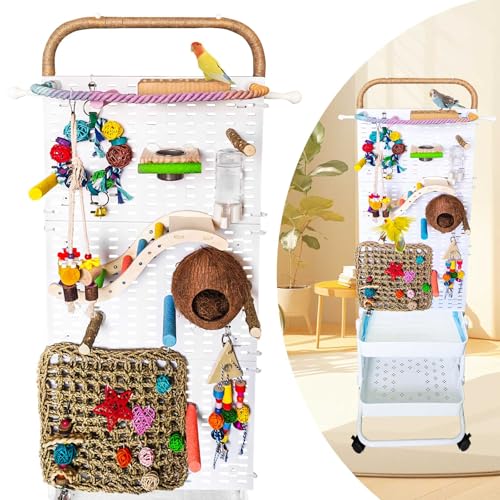 Parrots Bird Playground with Wheels,Parrot Play Stand with Bird Play Gym & Accessories,Bird Perches,Bird Cage Accessories,Climbing Play Ladder,Removable Washable Tray and Stainless Steel Cups.(59in)