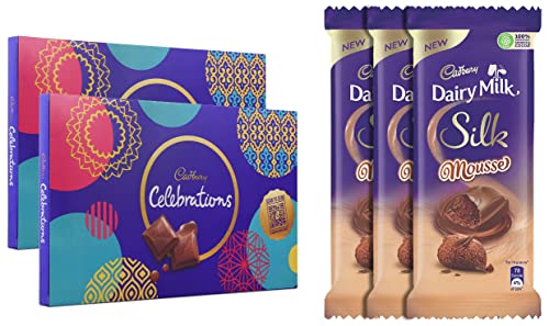 Image of Cadbury Celebrations Assorted Chocolate Gift Pack, 183.6g - Pack of 2 & Dairy Milk Silk Mousse Chocolate Bar, 3 x 116 g