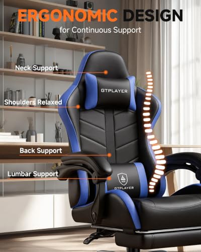 Image of GTPLAYER Gaming Chair for Adults, Computer Chair with Footrest,Black & Blue | Ergonomic Video Game Chair with 90-155 Recline, Removable Headrest & Lumbar Support, All-Day Comfort for Home & Office