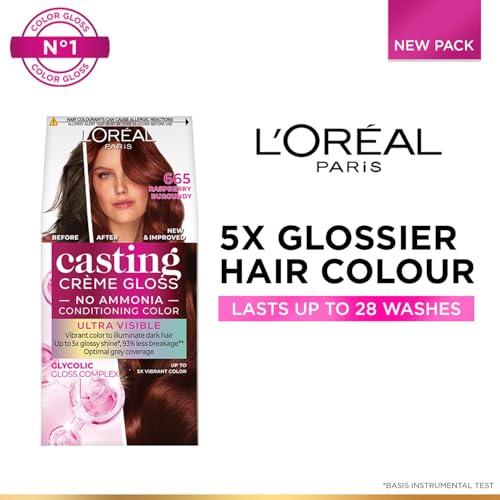 Image of L'Oreal Paris Casting Creme Gloss Hair Color With Glycolic Gloss Complex | 5X Glossier Hair Color | Ultra Visible Shade 665 - Raspberry Burgundy | 60g + 40ml + 60g