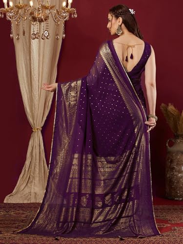 Image of SAMAH Women's Georgette Foil Printed Lace Work Saree with Unstitched Blouse Piece