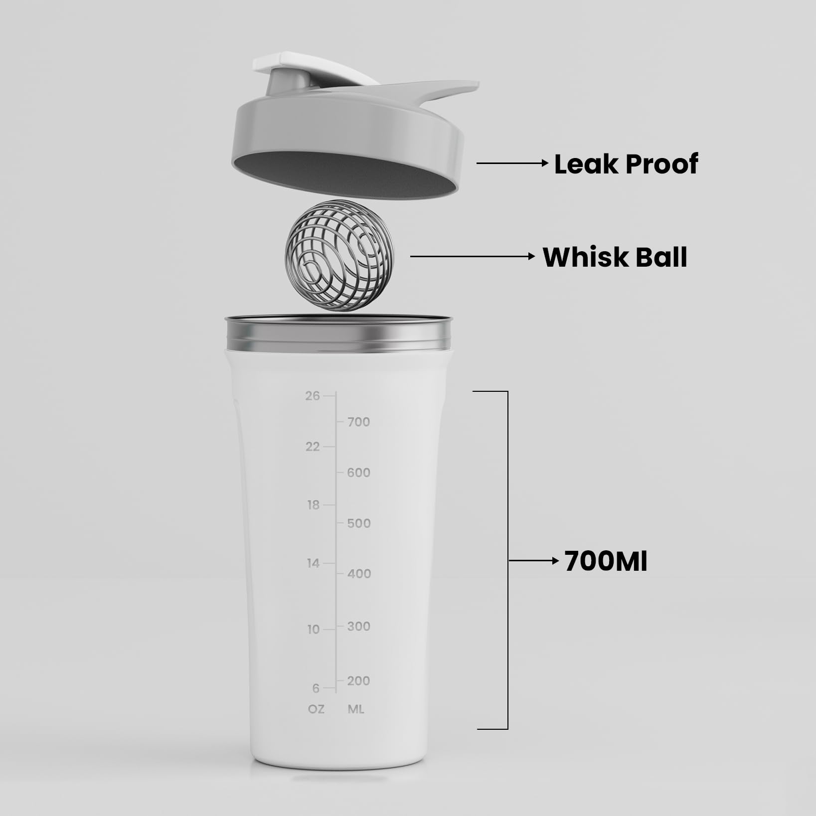SUPPLY6 Pro Shaker 700ml – Stainless Steel Protein Shaker Bottle, Durable, 100% Leak-Proof, with Steel Whisk for Smooth Mixing, Gym & Fitness Bottle (White) - Image 3 thumbnail
