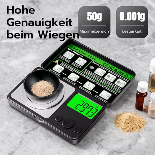 Wigearss 50g/0.001g Feinwaage Hochpräzise, Electronische Milligramm Waage, Digitalwaage mit Cal-Gewicht, Pinzette, Tray und Schaufel