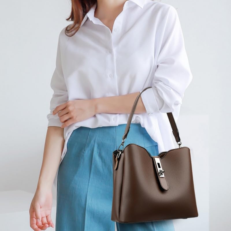 Large Capacity PU Leather Bucket Handbag,Trendy Versatile Shoulder Satchel,Multi Pocket Crossbody Bag with Wide Strap3