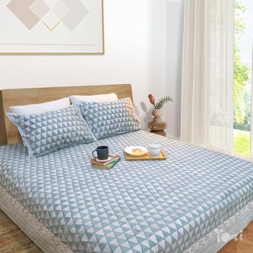 Image of TOAI Hand Block Printed Bedsheet | Bed Spread Flatsheet Bed Sheet | Pure Cotton | Queen Size 90 inchx108 inch | 300 TC Long Staple Cotton | 2 Reversible Pillow Covers |Green Line Pattern