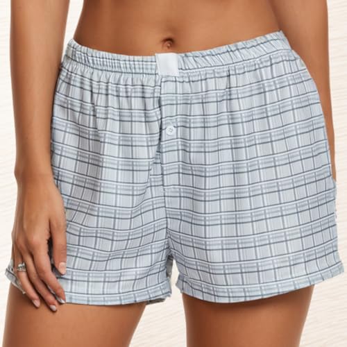 Image of Sumleno Womens Y2k Aesthetic Boxer Shorts Plaid Elastic Waist Lounge Pj Bottoms Summer Casual Gingham Pajamas Shorts