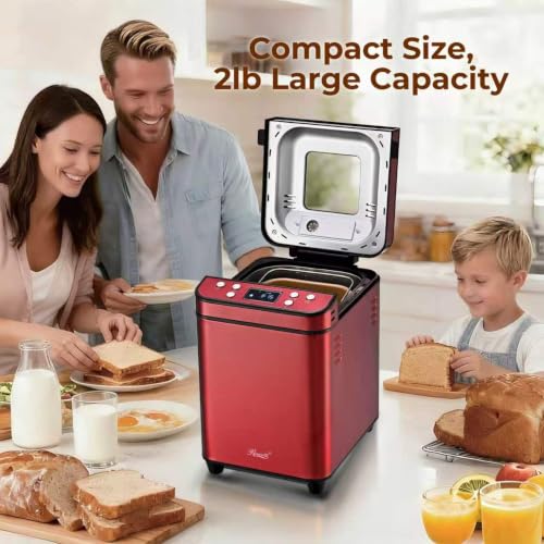 Image of Rosewill 25-in-1 Automatic Bread Maker Machine with 3 Loaf Size up to 2LB, 700W High Power Dual Heater Bread Maker with BPA-free Nonstick Coating Pan, Max 15 Hours Delay Timer, Low Noise - Red Velvet