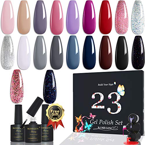 ROSEGIN 23 Pcs Gel Nail Polish Set with Glossy and Matte Top and Base Coat Soak Off Gel Polish Colors Red Black Nude Glitter Long Lasting Nail Gel Polish