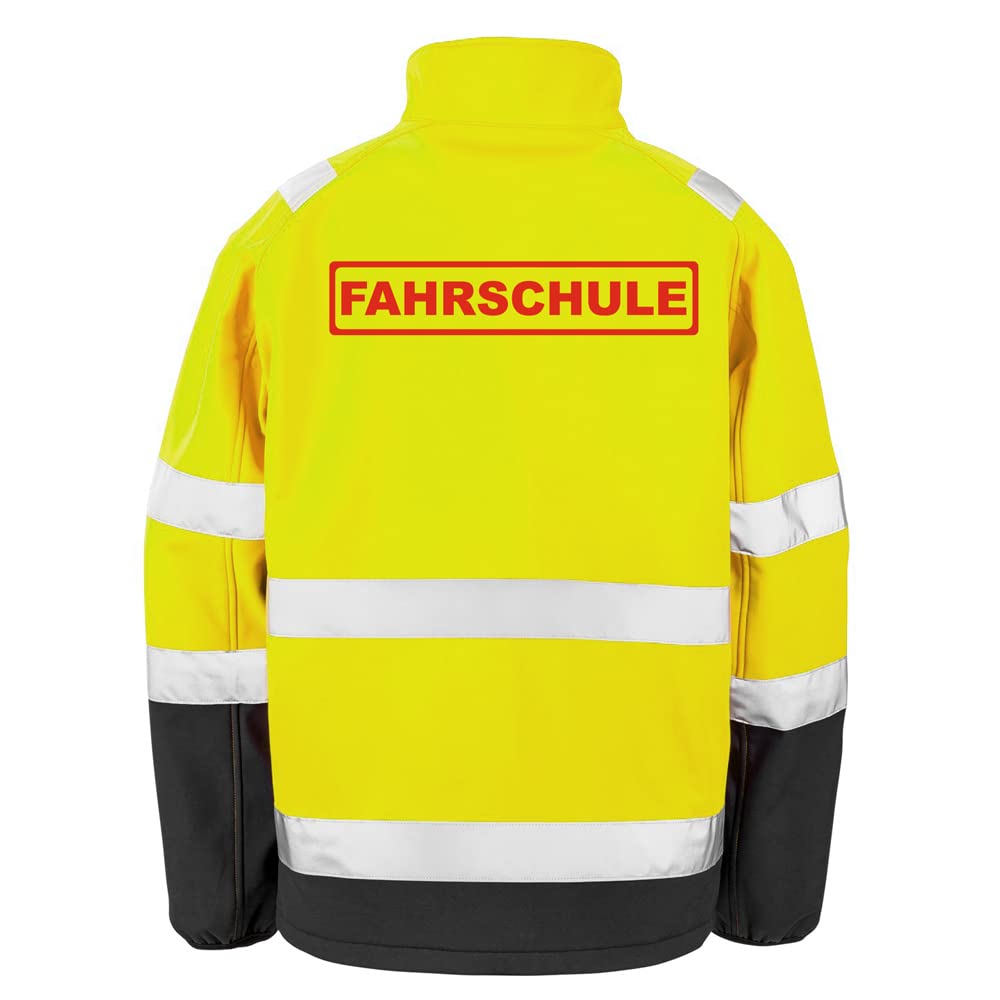 FAHRSCHULE Sicherheitsjacke GELB aus Softshell - Gelb Warnjacke nach EN ISO 20471 zertifiziert - Unisex und hochwertigem Reflektorstreifen