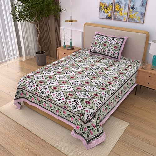Image of 100% Cotton Single Bedsheet with 1 Pillow Cover | 240 TC Pure Cotton Flat Bed Sheet | Traditional Jaipuri Printed Bedding Set | Soft & Breathable | 60 x 90 Inch (Rangmahal Single 56)