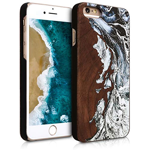 kwmobile Case Compatible with Apple iPhone 6 6S - Wood Case Hard Wooden Design Cover - Watercolor Waves White Black Brown
