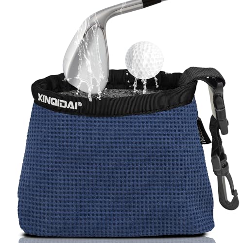 XINQIDAI Golf Club and Golf Ball Cleaning Bag - Cleans Club Grooves, Golf Bag Accessories,Waterproof Clean Face Tech, Detachable Clip, Machine Washable,Golfer Gifts for Men(1-Pack,Dark Blue)
