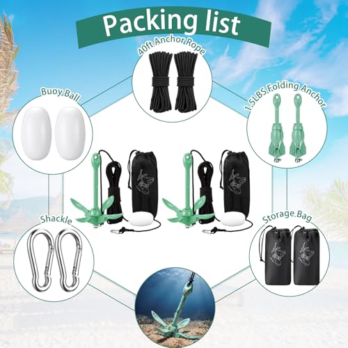 Image of Lounsweer 2 Pack 1.5 /3.5 lb Marine Kayak Anchor Kit Folding Grapnel Anchor Kit Boat Kayak Fishing Accessories for Small Boats Kayaks Canoe Paddle Boards
