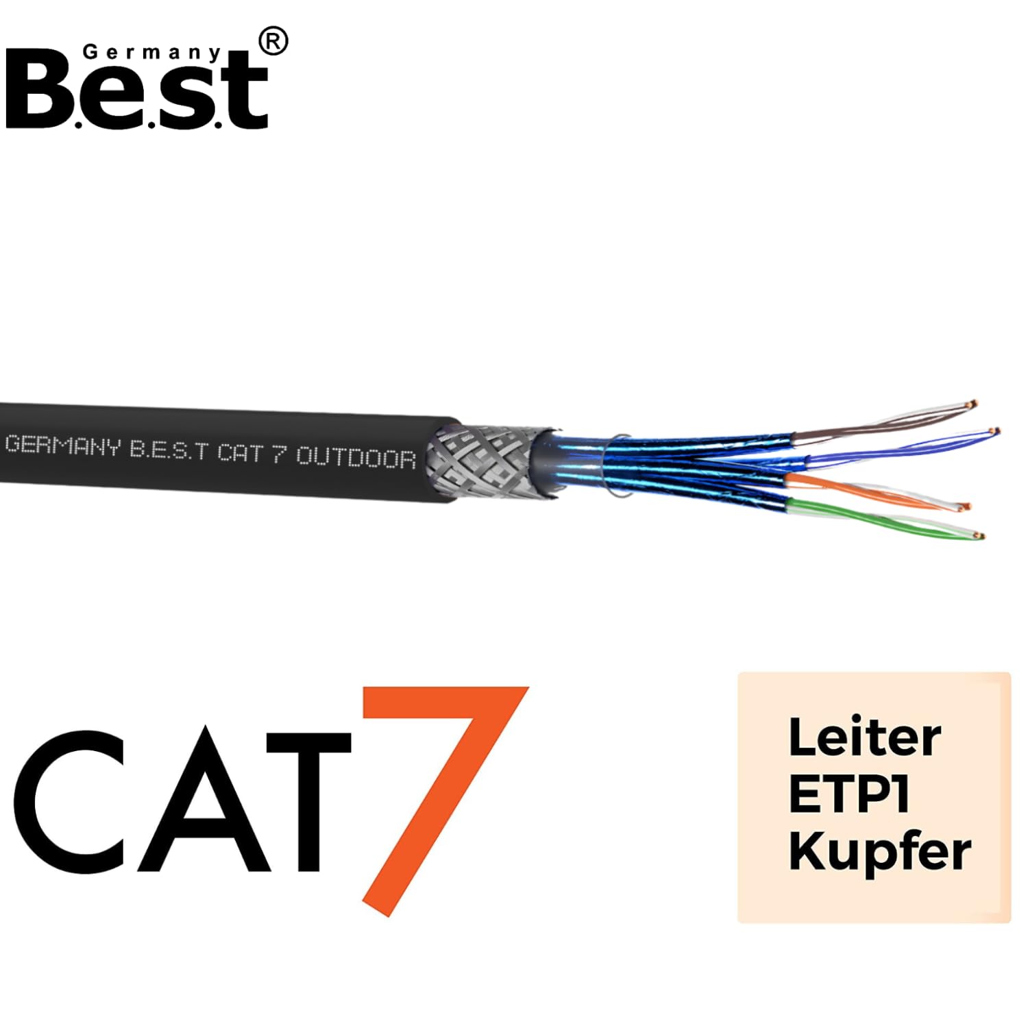 Germany B.e.s.t Cavo di rete CAT 7, 200 m, Simplex, cavo di rete per esterni, LAN, cavo Ethernet, S/FTP, 10 Gbps, catat 7, in puro rame PoE+ LSZH
