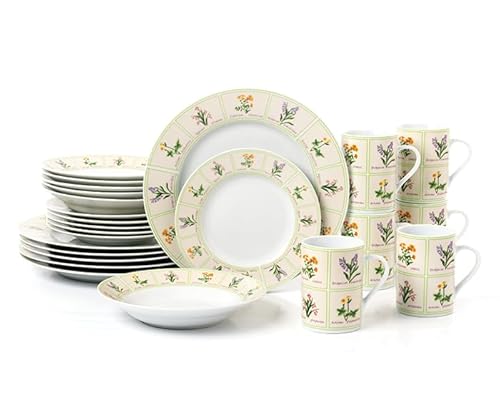 Waterside 24pc British Wild Flowers Porcelain Dinner Set; 6 Dinner Plates, Side Plates, Soup Bowls & Mugs - Dishwasher & Microwave Safe