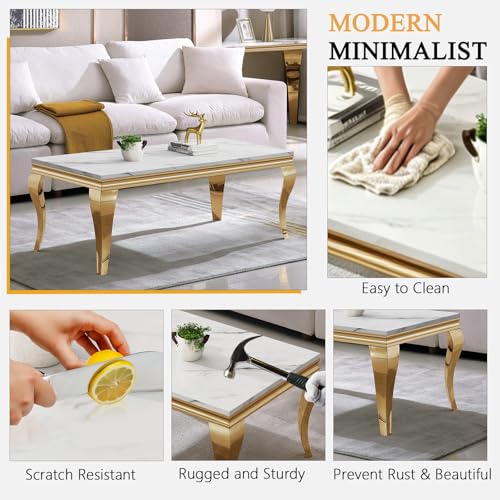 Image of Luxury Coffee Table Set of 2, Rectangular Coffee Table with End Side Table, Modern 2 Piece Living Room Table Set with Faux Marble Top & Gold Stainless Steel S Legs for Apartment Home Office