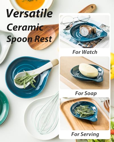 Image of LAUCHUH Spoon Rest for Stove Top, Ceramic Spoon Holder for Kitchen Counter Large Spatula Holder for Ladles, Tongs, Farmhouse Kitchen Decor, Heat-Resistant, Set of 2, 5 inch, Blue