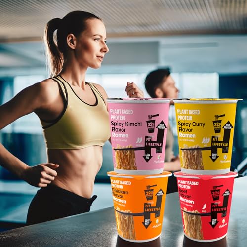 Image of Hethstia High Protein Ramen Variety Pack, 6-Pack Instant Vegan Noodle Soup Cups - Chicken, Beef, Spicy Curry, Kimchi - 32g Plant Protein, Non-Fried, Low Fat, Healthy Quick Meal