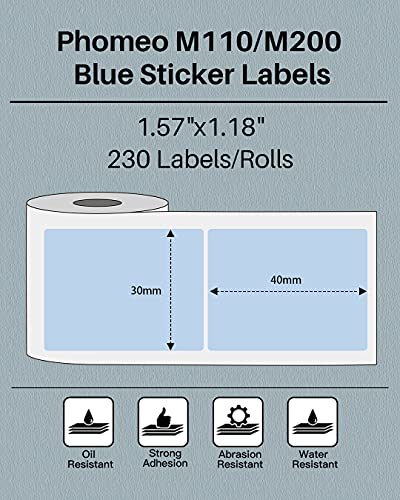 Image of Phomemo Sticker Label M110 /M221 /M220 /M120 /M200 /M110S Thermal Label- Black on Blue 1.57 inchx1.18 inch(40x30mm) for Small Business, Home, Office, 230 Labels /Roll